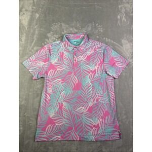 Birdie Bound Polo Shirt Mens M Pink Blue Tropical Leaf Golf Stretch Performance
